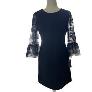 Womens Size 6‎ Navy Sheath Dress Bell Sleeve Crochet Cocktail Party Donna Ricco